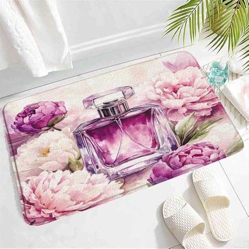 Floral Perfume Bottle Bath Mat - Purple Pink Peony Design
