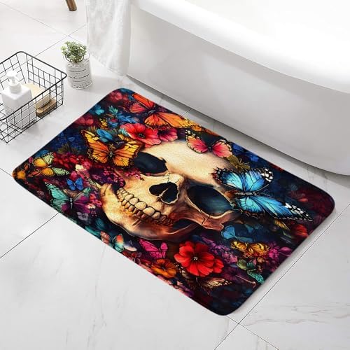 Gothic Skull Butterfly Bath Mat - Non-Slip Dark Floral Design