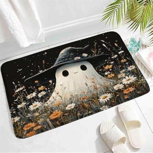 Spooky Halloween Bath Mat with Witch Hat and Wildflowers