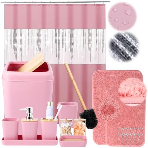 XLHOMO 9 Piece Pink Bathroom Accessory Set