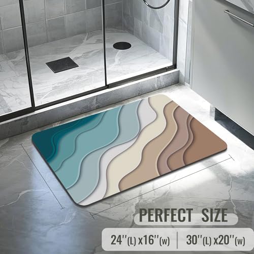 Teal Blue Geometric Bath Rug - Non Slip Quick Dry 16x24