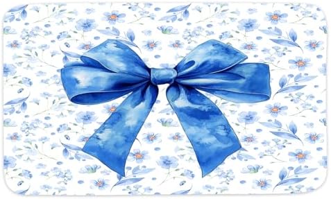 Blue Bow Bathroom Rug Flannel Non-Slip Bath Mat for Kids