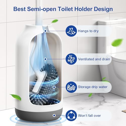 HAMITOR Toilet Brush Holder Set with Curved Bristle and Silicone Head