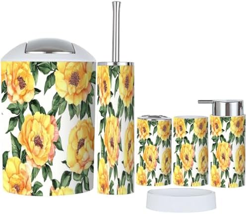 Boho Yellow Peonies Bathroom Accessory Set 6 Piece 1