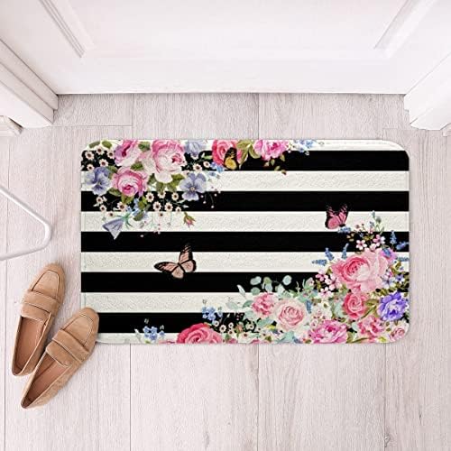 Pink Floral Bath Rug with Black White Stripes Pattern