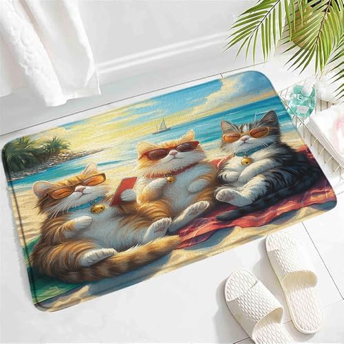 Funny Beach Cat Bath Mat - Non-Slip Tropical Rug