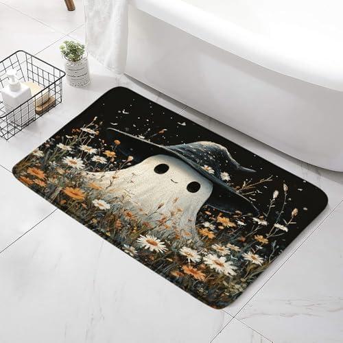 Spooky Halloween Bath Mat with Witch Hat and Wildflowers