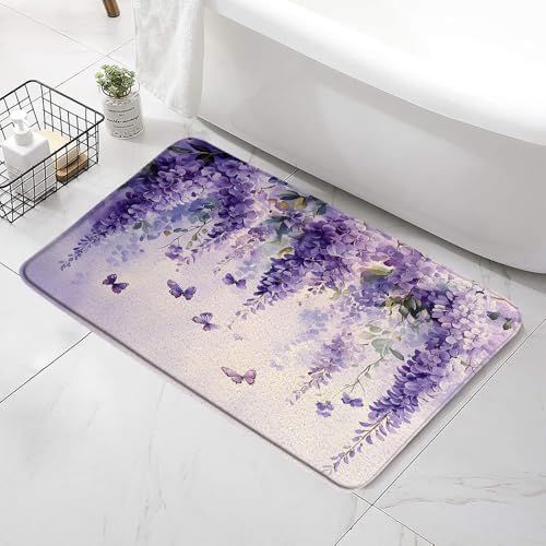 Purple Floral Butterfly Bath Mat - Non-Slip Waterproof Rugs