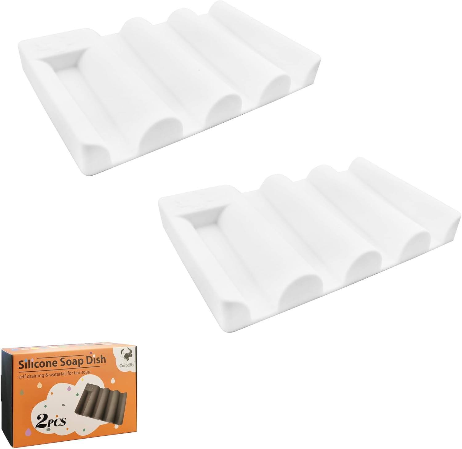 Coipdfty Wave Design Silicone Soap Dish Non-Slip Quick-Drying 2-Pack White