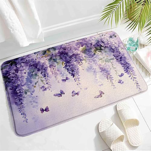 Purple Floral Butterfly Bath Mat - Non-Slip Waterproof Rugs
