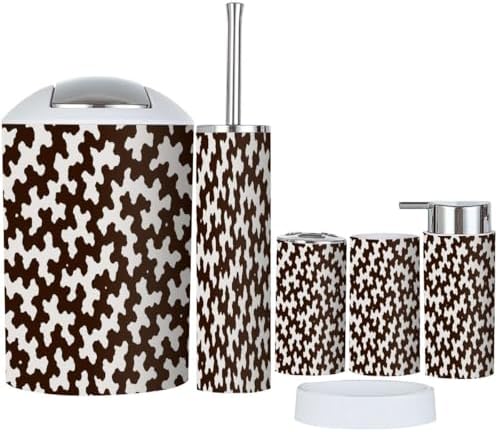 Boho Brown Cowhide Trash Can Set 6 Piece Bathroom Accessories