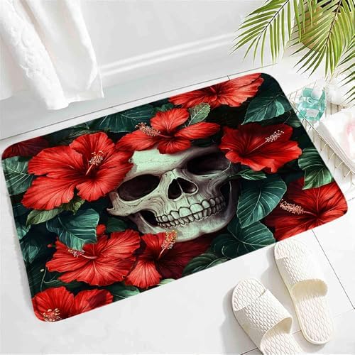 Floral Skull Bath Mat - Halloween Decor 24x16Inch