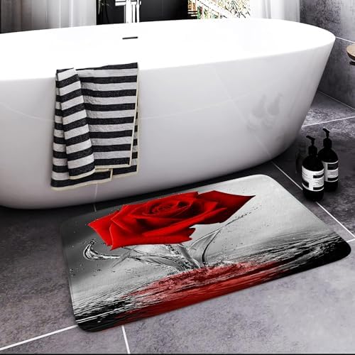 JAWO Red Rose Bath Mat Non-Slip Black Flannel 17x29