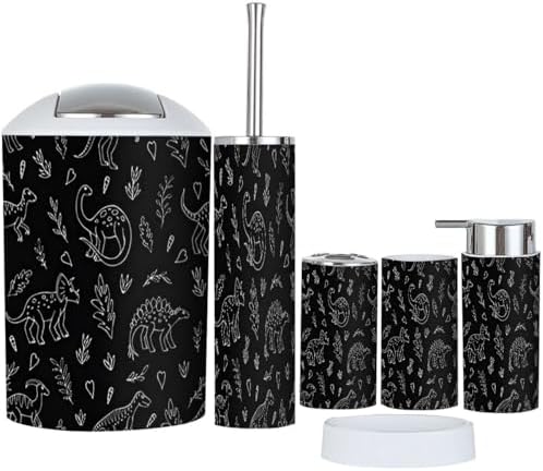 Boho Bathroom Accessory Set 6 Piece with Dinosaur and Floral Prints