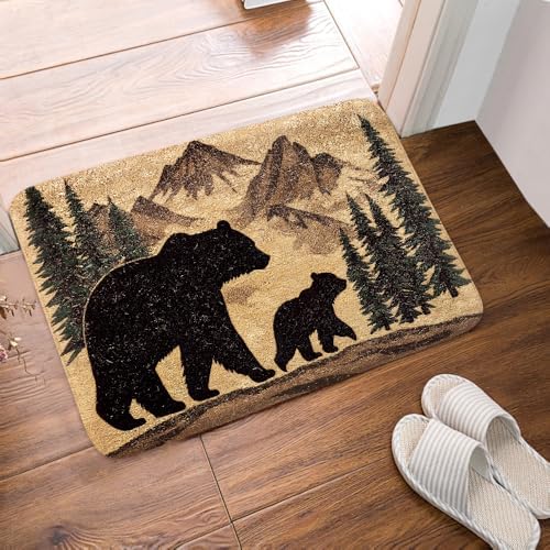 JAWO Rustic Farmhouse Bear Forest Bath Mat 16x24 Non-Slip