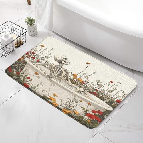 Funny Skull Floral Bath Mat with Non-Slip Backing