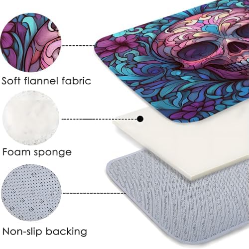 Gothic Skull Bath Mat with Pink Blue Floral Design