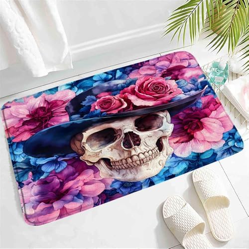 Floral Skull Bath Mat with Non-Slip Backing