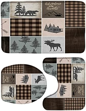 3 Piece Rustic Bear Bath Mat Set with Toilet Lid Cover