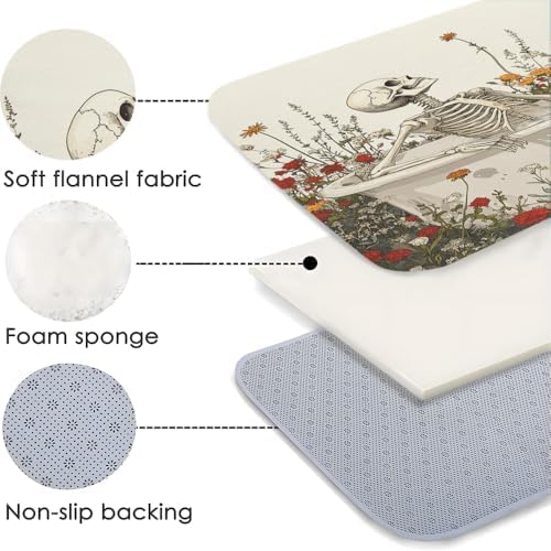 Funny Skull Floral Bath Mat with Non-Slip Backing