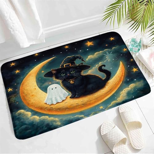 Halloween Witch Cat Bath Mat with Non-Slip Backing