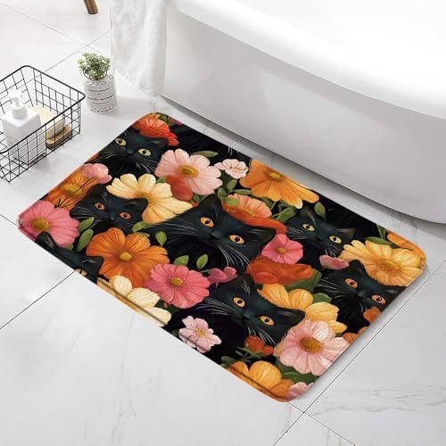 Funny Cat Bath Mat with Daisy Design 24x16Inch