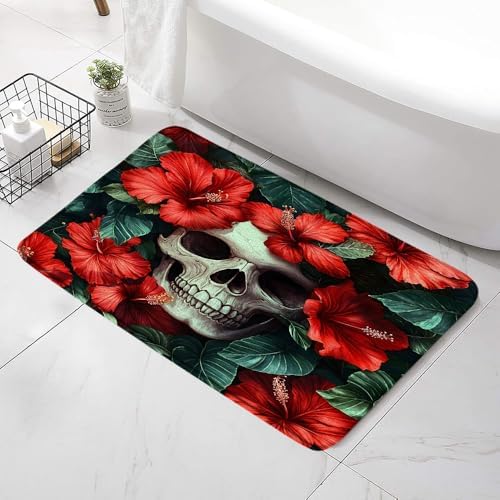 Floral Skull Bath Mat - Halloween Decor 24x16Inch