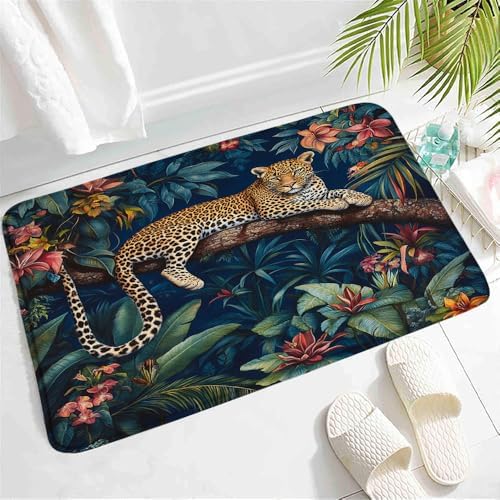 Tropical Jungle Leopard Bath Mat - Exotic Floral Design 1