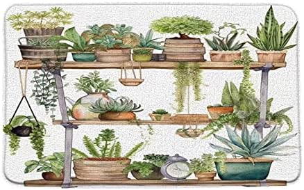 Boho Green Plant Bathroom Rug with Succulents Design