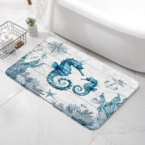 Beach Seahorse Bath Mat - Nautical Design Non-Slip