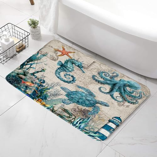 Nautical Turtle Bath Mat - Non-Slip Waterproof 24x16 Inch