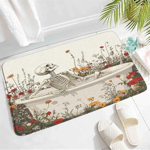 Funny Skull Floral Bath Mat with Non-Slip Backing