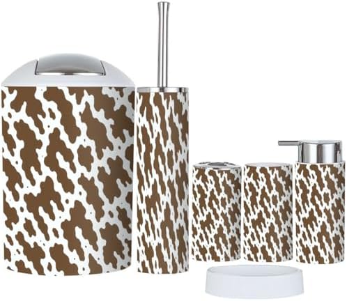 6 Piece Boho Cow Skin Brown Bathroom Accessory Set