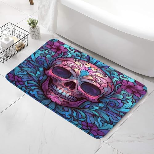 Gothic Skull Bath Mat with Pink Blue Floral Design