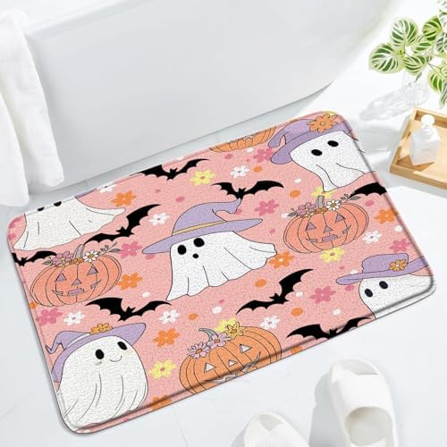 Spooky Halloween Ghost Bath Mat Pink Boho Cute