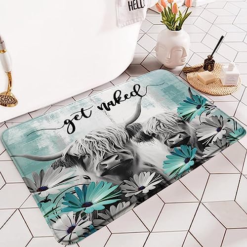 Highland Cow Bath Rug - Teal Daisy Floral Design