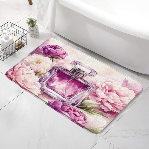 Floral Perfume Bottle Bath Mat - Purple Pink Peony Design