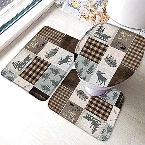 3 Piece Rustic Bear Bath Mat Set with Toilet Lid Cover