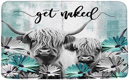 Highland Cow Bath Rug - Teal Daisy Floral Design