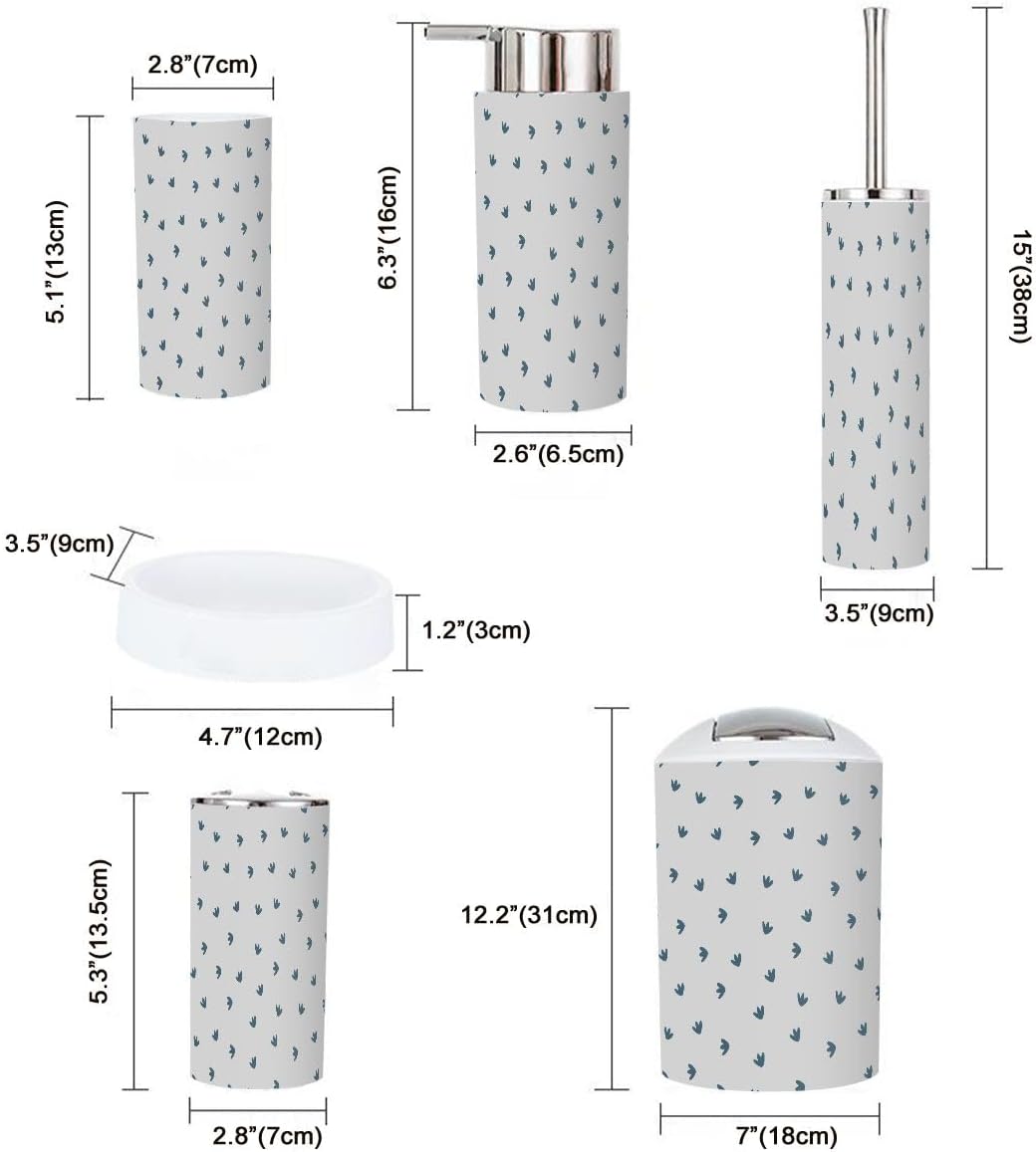 Boho Dinosaur Footprints Gray Bathroom Accessories Set 6 Piece
