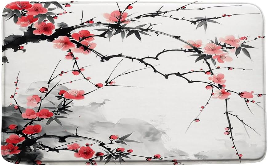 Japanese Floral Bath Mat 16X24 Inch Red Cherry Blossom