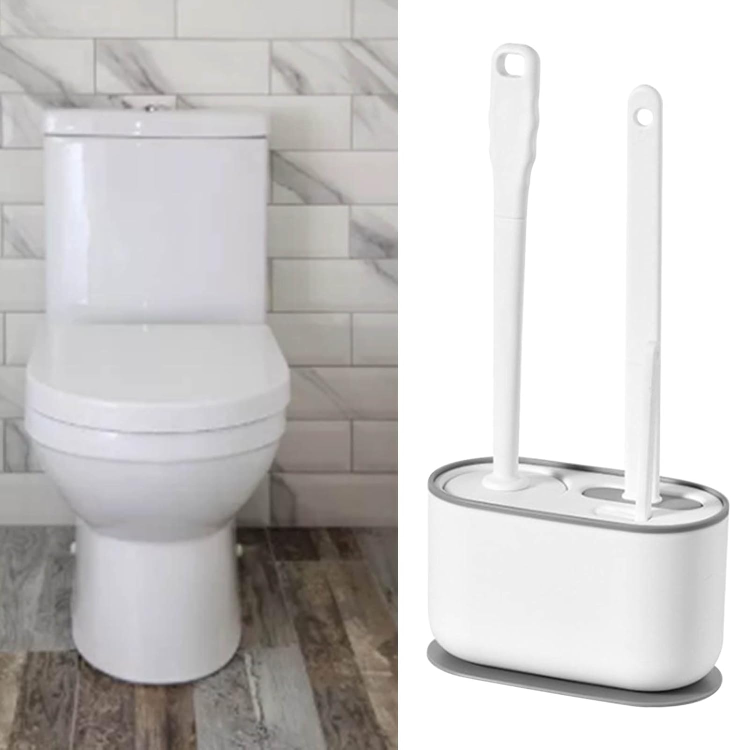 HERCHR Long Handle Toilet Brush and Holder Set - White Deep Cleaning