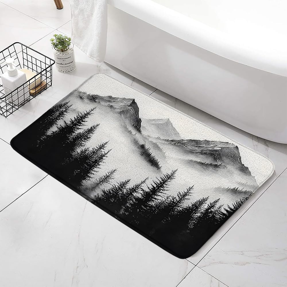 Grey Forest Mountain Bath Mat - Non-Slip 24x16 Inch