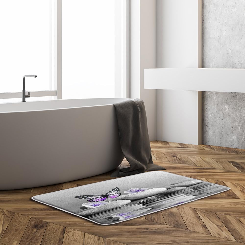 Purple Butterfly Bath Mat with Cherry Blossom Design