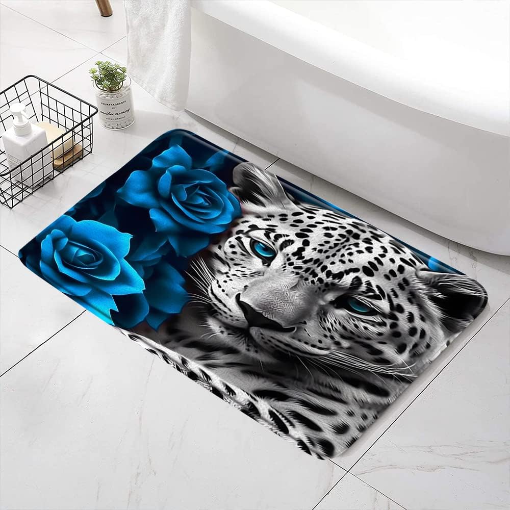 SATRTUD Blue Rose Leopard Bath Mat - 30x18 Inch Non-Slip Waterproof Rug