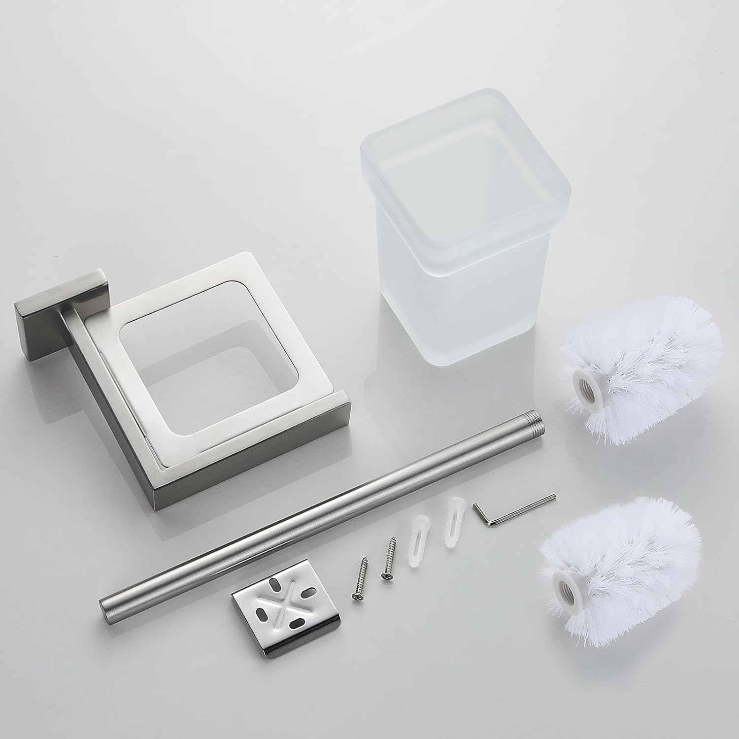 TINYROW Toilet Brush with Glass Holder and Brushed Nickel Mount