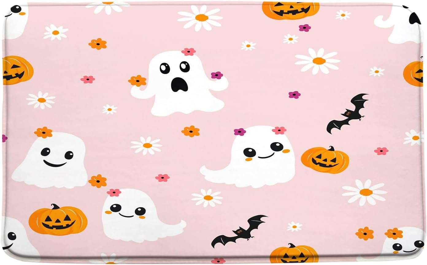 Halloween Ghost Floral Bath Mat Pink Funny Spooky