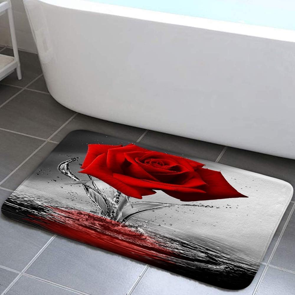 JAWO Red Rose Bath Mat Non-Slip Black Flannel 17x29