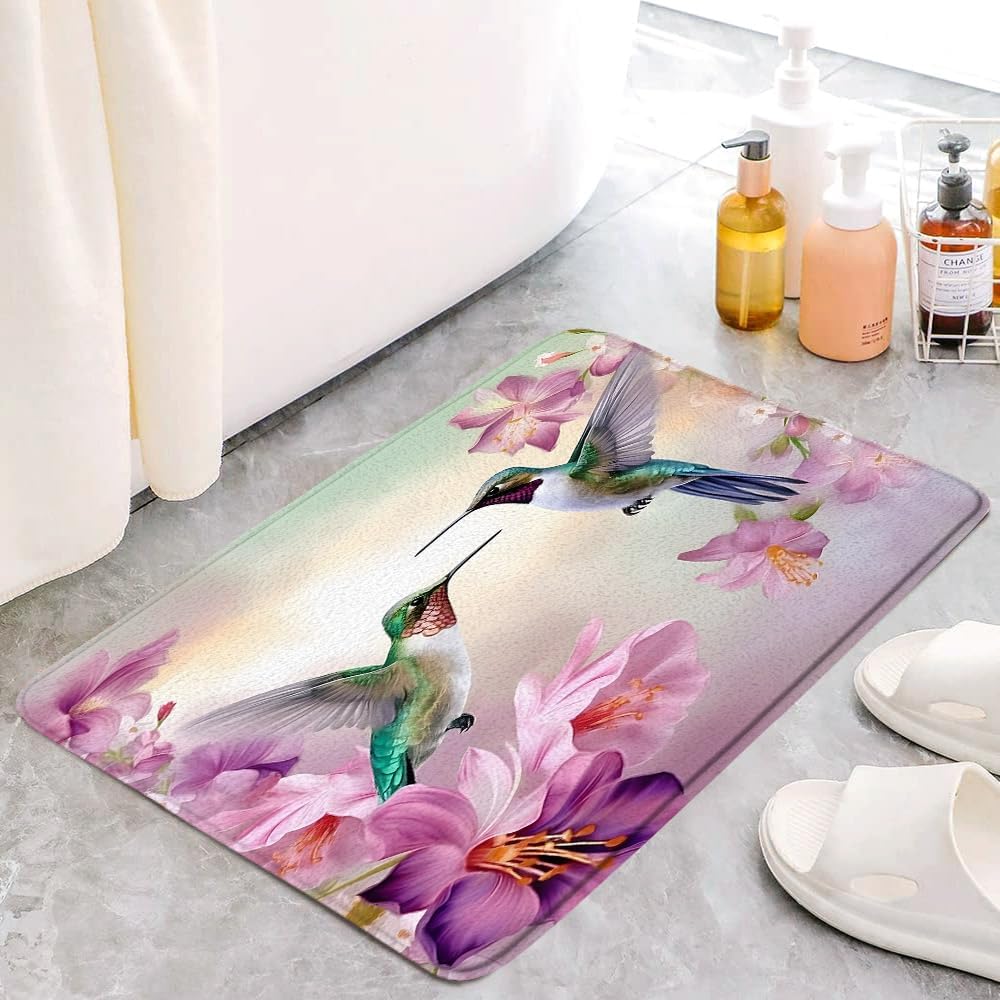 YOZSLGU Hummingbird Floral Memory Foam Bath Rug