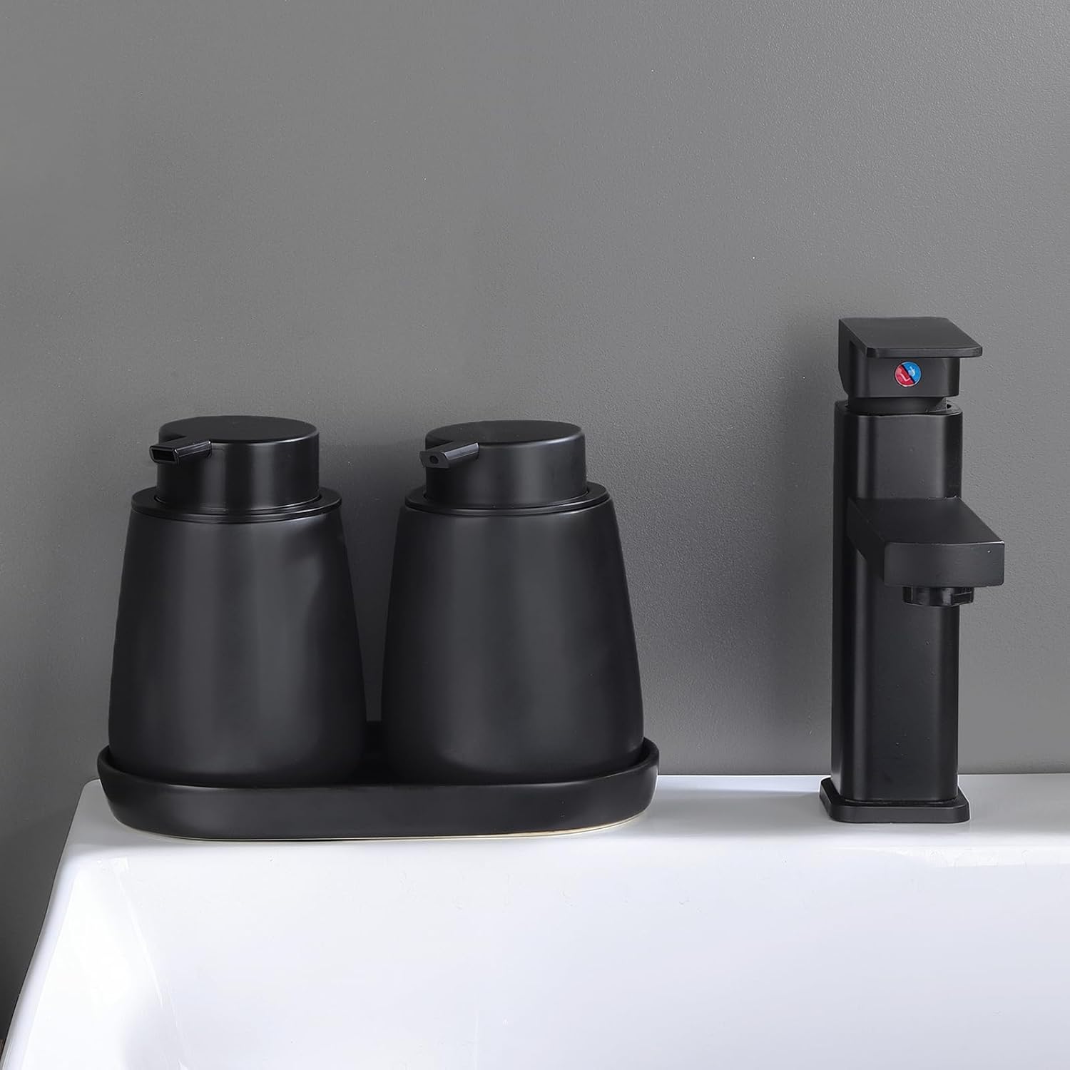 Eyrozia 2 Pack Matte Black Soap Dispenser Tray - 8 Ceramic Vanity Organizer Set